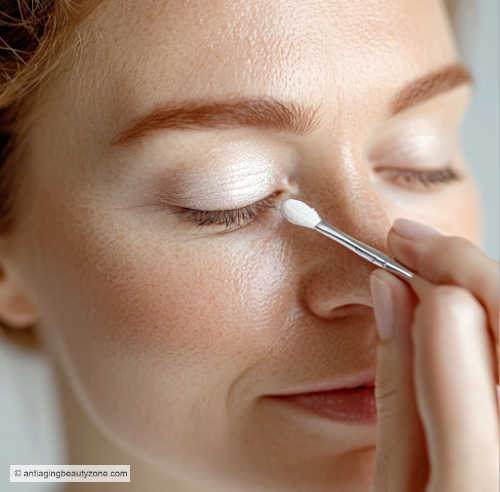 A mature woman applying concealer on upper eyelids to cover discoloration and create a smooth base for long-lasting eye makeup. Ideal for aging eyes and wrinkle-free makeup application