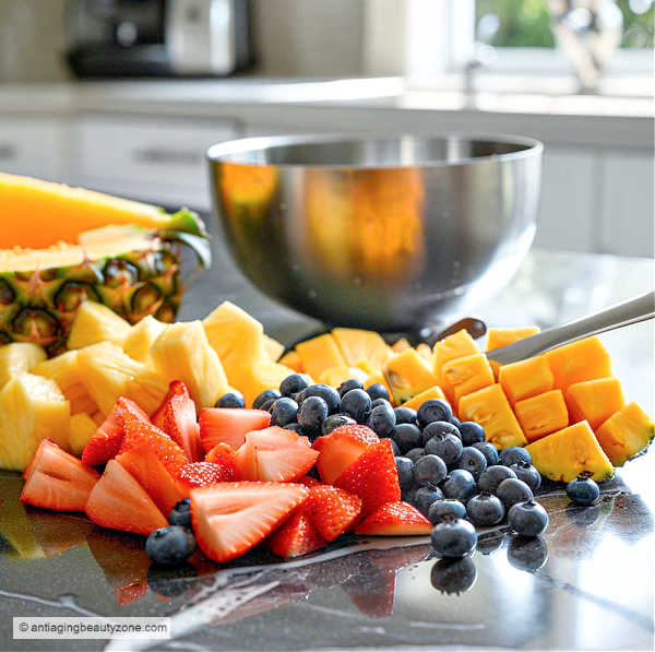 Different types of fruit are used for a homemade enzyme face mask.