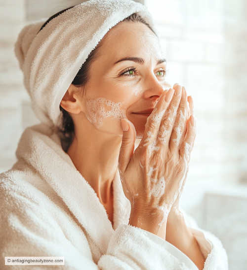 A woman over 40 is washing her face with an anti-aging face cleanser.