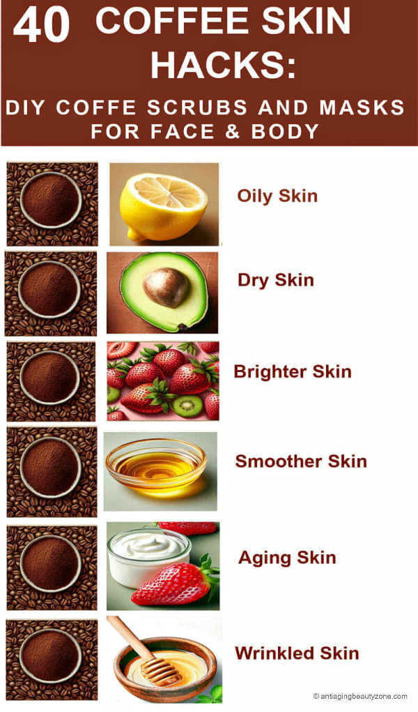 Coffee Skin Hacks Chart. Recipe for face and body scrub and masks.