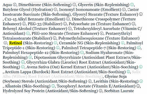 Anti-aging cosmetic ingredient list.