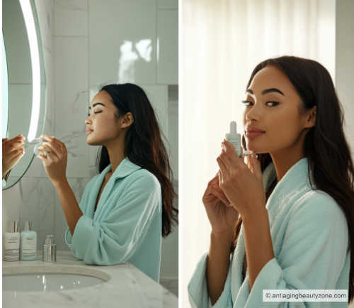 A woman using different skincare products at different times of the day.