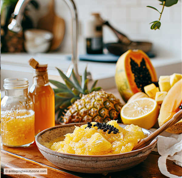 Mashed up pineapple with honey for pineapple enzyme face mask peel.