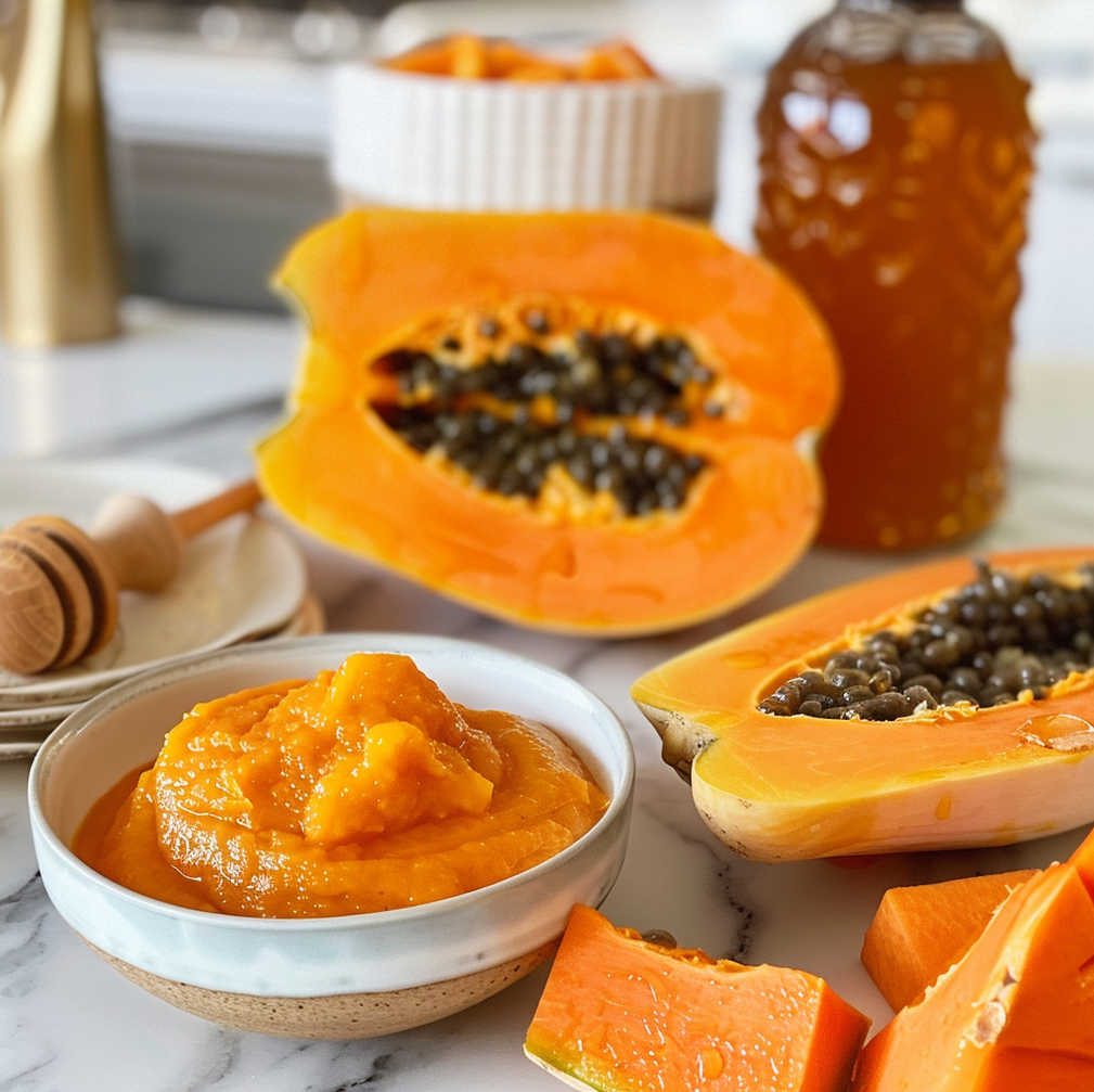 Mashed papaya sorbet is used for facial cleansing.