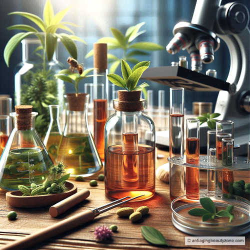 Oils extracted from plants in a lab.