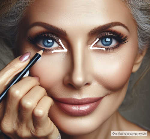 A woman using a white eyeliner pencil on the inner corners of her eyes to enhance brightness and create a wide-eyed look. Perfect for brightening aging eyes and making them appear more awake.