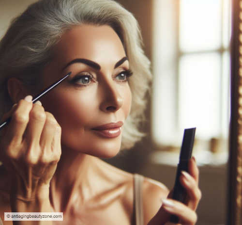 A mature woman applying eyeliner with a smooth, pigmented pencil for defined, youthful eyes.