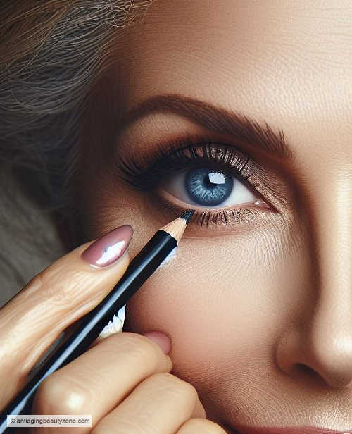 a 50+ woman applying eyeliner to the lower outer third of her eyelid for a subtle, eye-brightening effect.