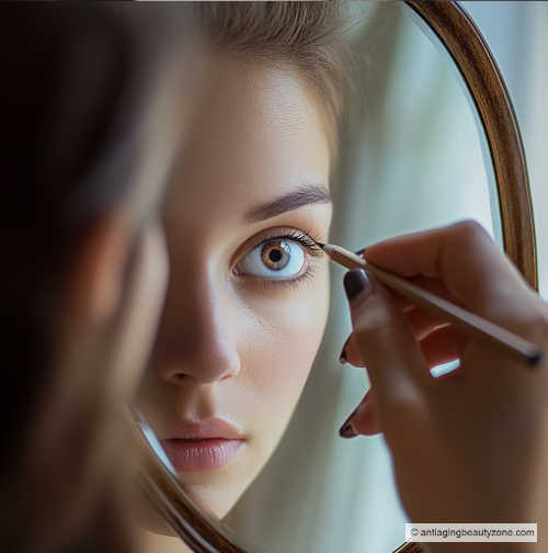 Woman drawing a horizontal line on a mirror at her pupil level with a pencil, to find her eye shape for customized makeup.