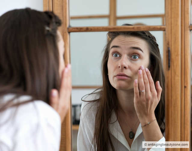 Woman closely examining her eye crease in a mirror, an essential step in determining eye shape.