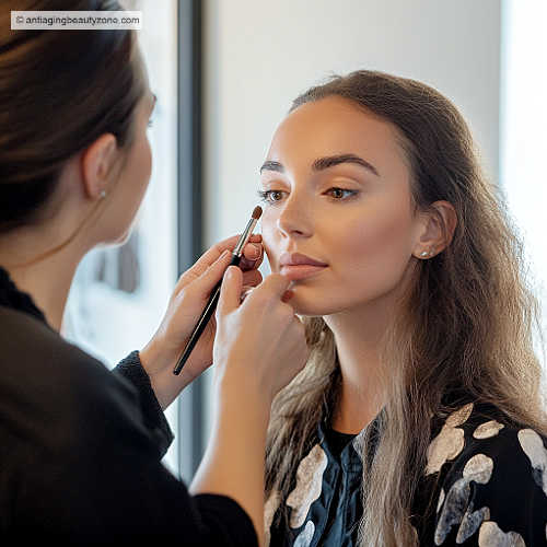 Makeup artist analyzing a woman's eye shape, providing professional guidance for personalized beauty tips.