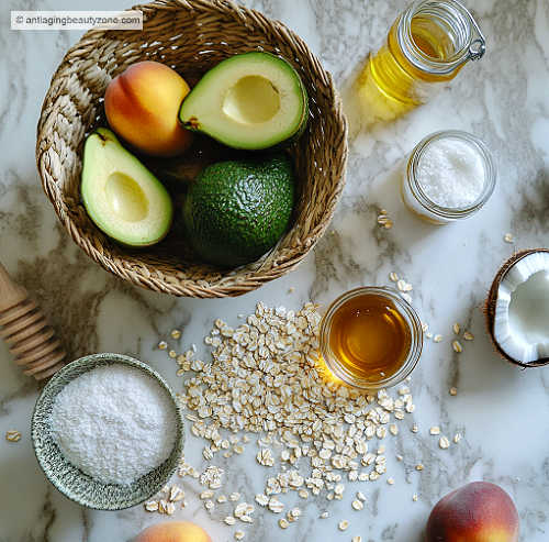 Fresh organic peaches, avocados, and other ingredients for homemade skincare beauty products.