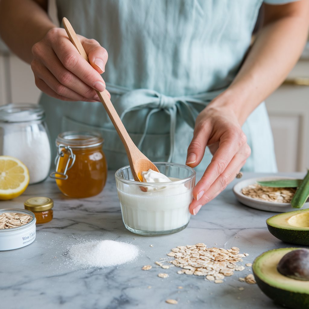 Woman mixing yogurt with organic ingredients for a DIY face mask.