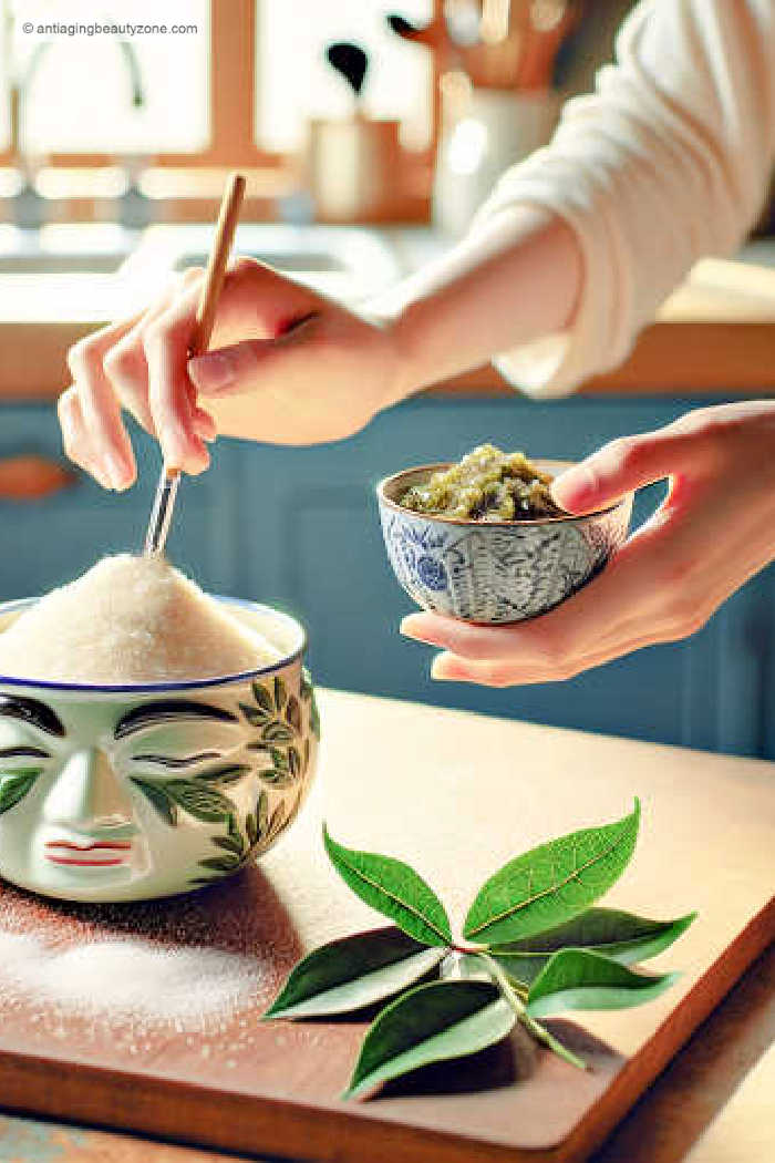 A woman making a Korean face scrub at home.