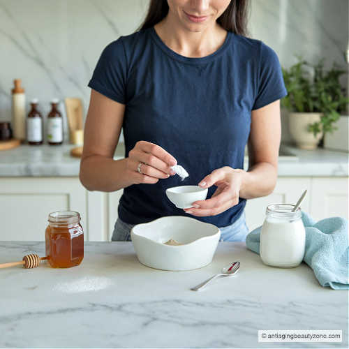 A woman mixing up a pearl face mask recipe.