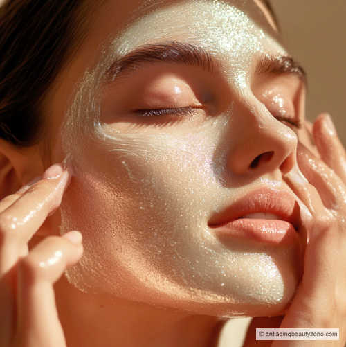 A woman enjoying a Pearl powder face mask for luminous skin.