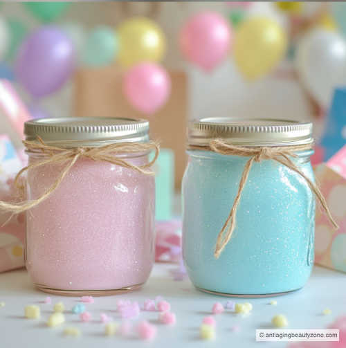 a beautiful mason jars with twine and ribbon wrapped around the neck. The jars contain a pink sugar scrub mixture that is glistening. The background is a baby shower party with baby shower gifts, balloons and party decorations.