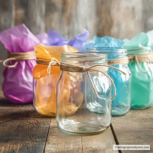 Clear, empty mason jars with twine and ribbons wrapped around the neck. The background is a wooden surface with colorful tissue paper.