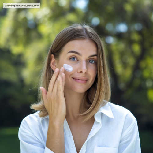 Woman applying mineral sunscreen to her face, showcasing the best chemical-free sunscreen for sensitive skin.