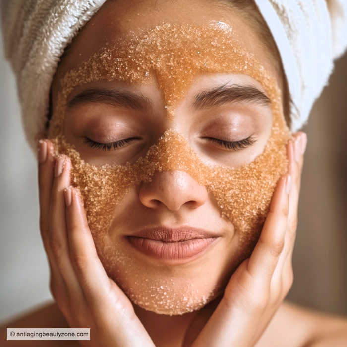 Woman massaging a with turmeric scrub on her face.